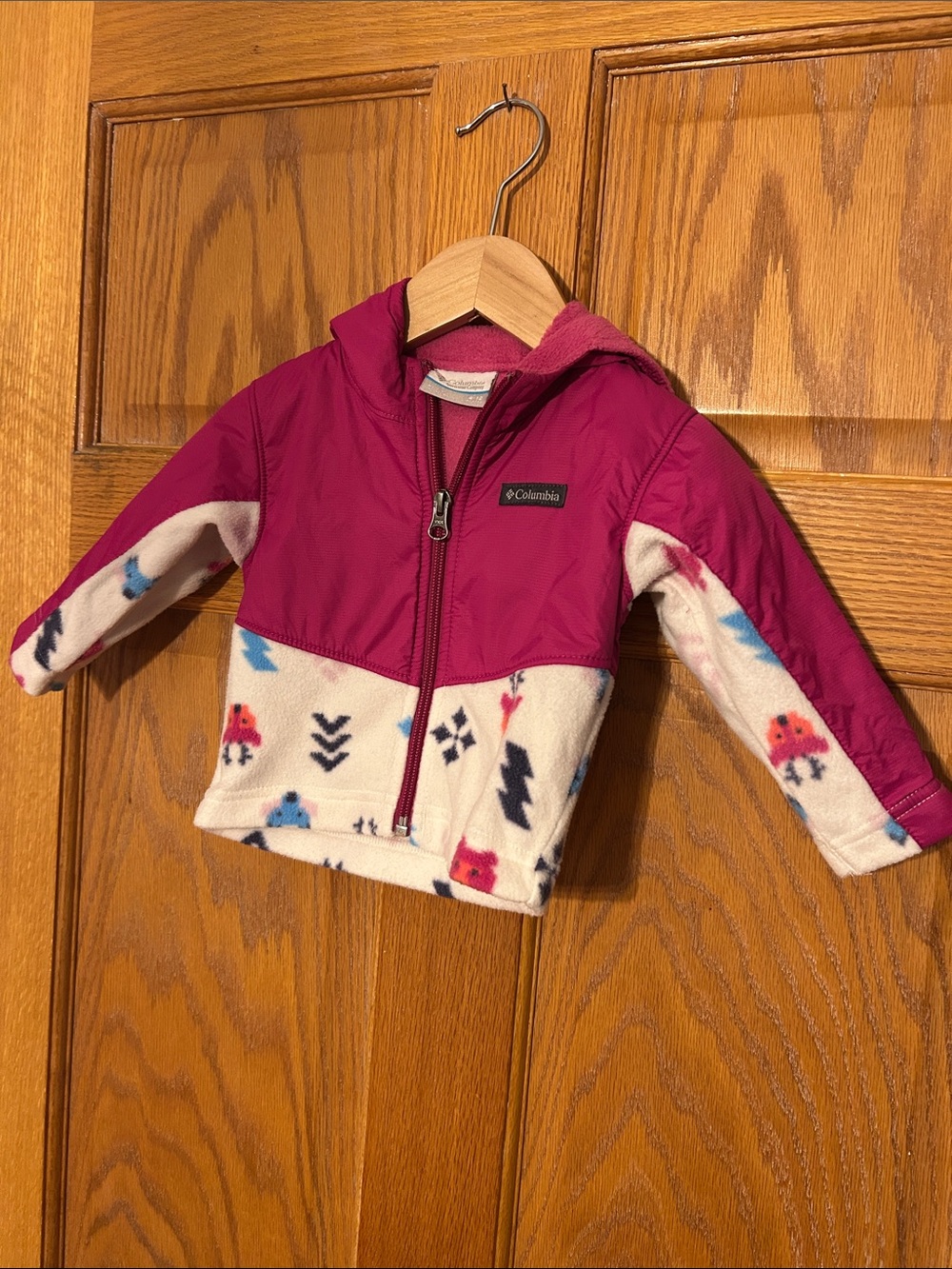 Columbia Pink and Cream Hooded Fleece Jacket with Patterned Fleece